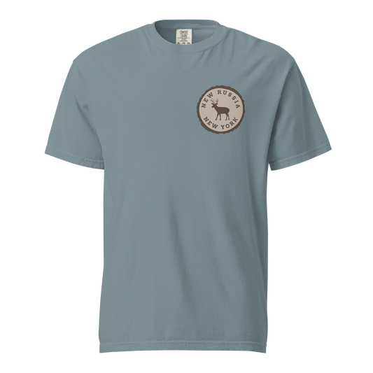 Blue t-shirt with a circular logo on a white background