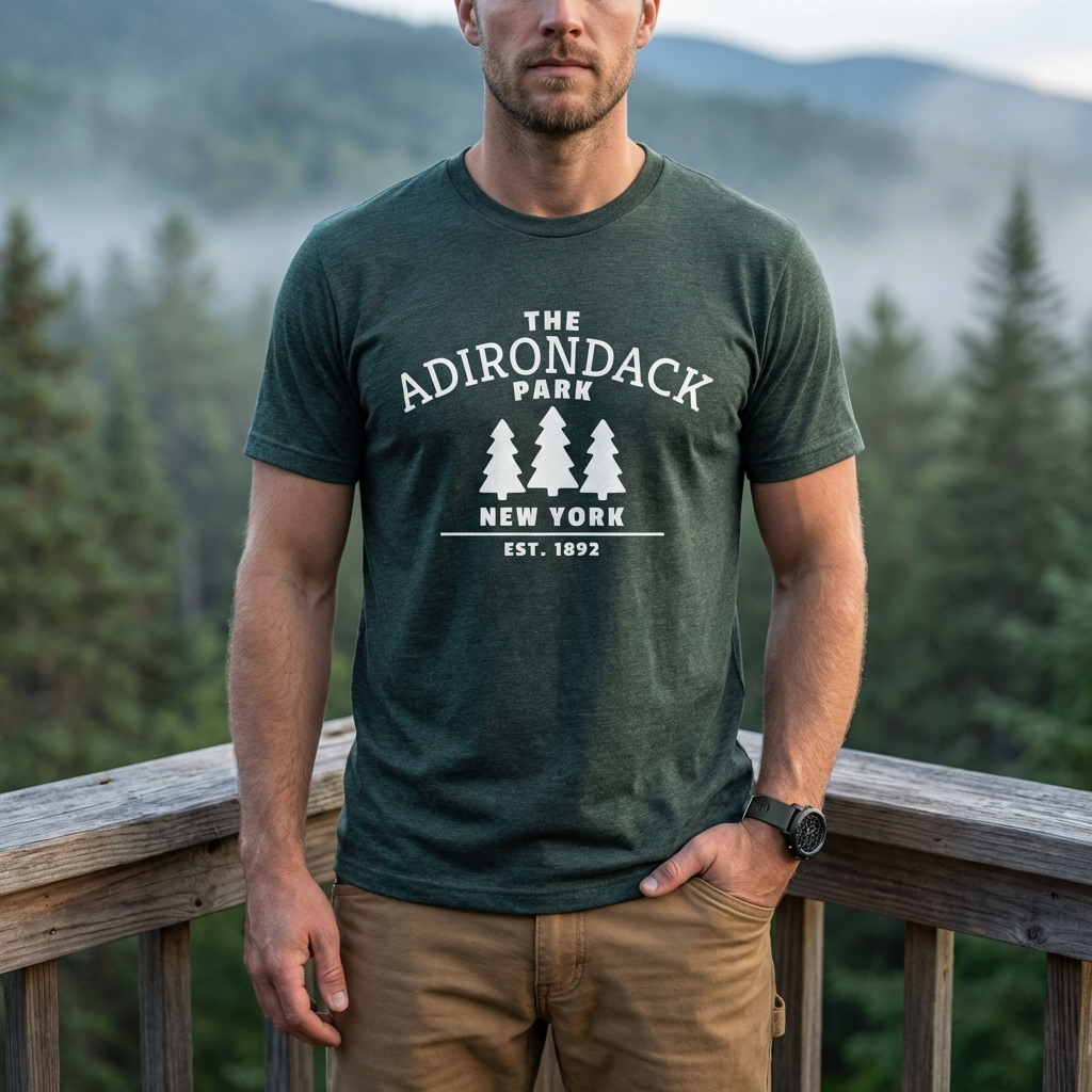 Man wearing a green t-shirt with Adirondack Park branding, standing on a wooden deck with a forest background.