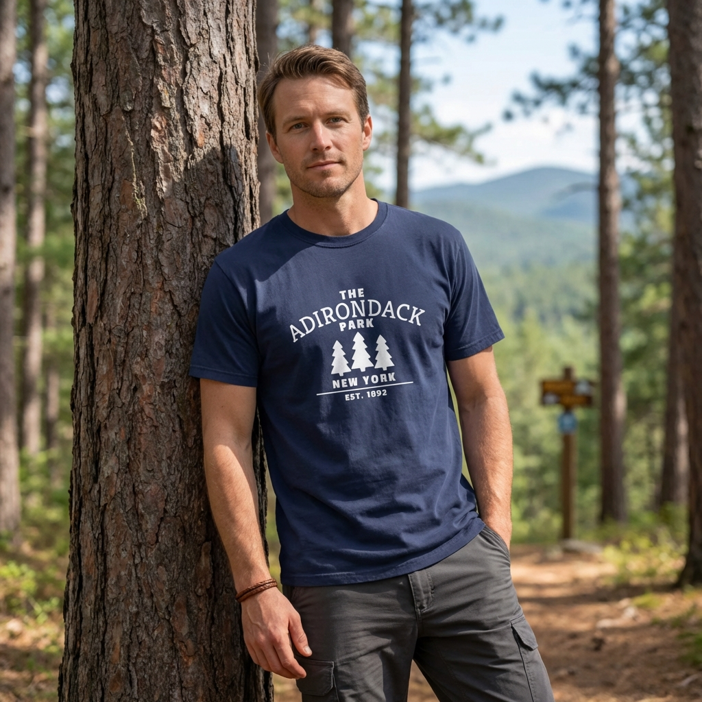 Man wearing a blue t-shirt with Adirondack Park New York design, standing in a forest.
