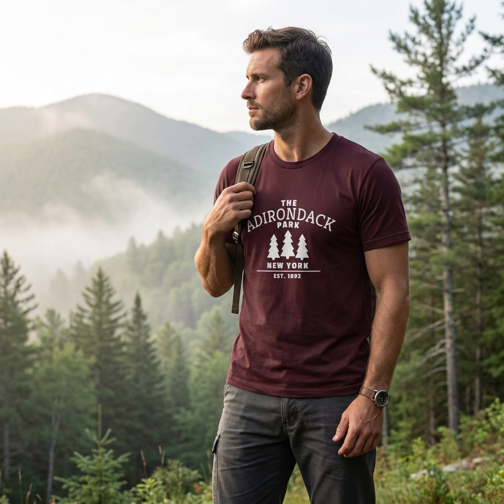Man wearing a maroon t-shirt with Adirondack Park logo in a forest setting