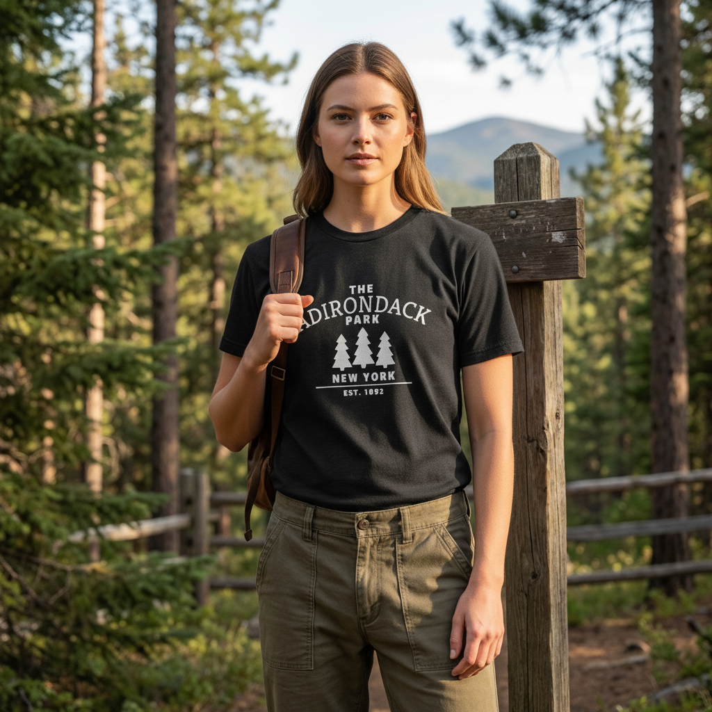 Woman wearing a black t-shirt with 'The Adirondack Park New York' design, standing in a forested area.