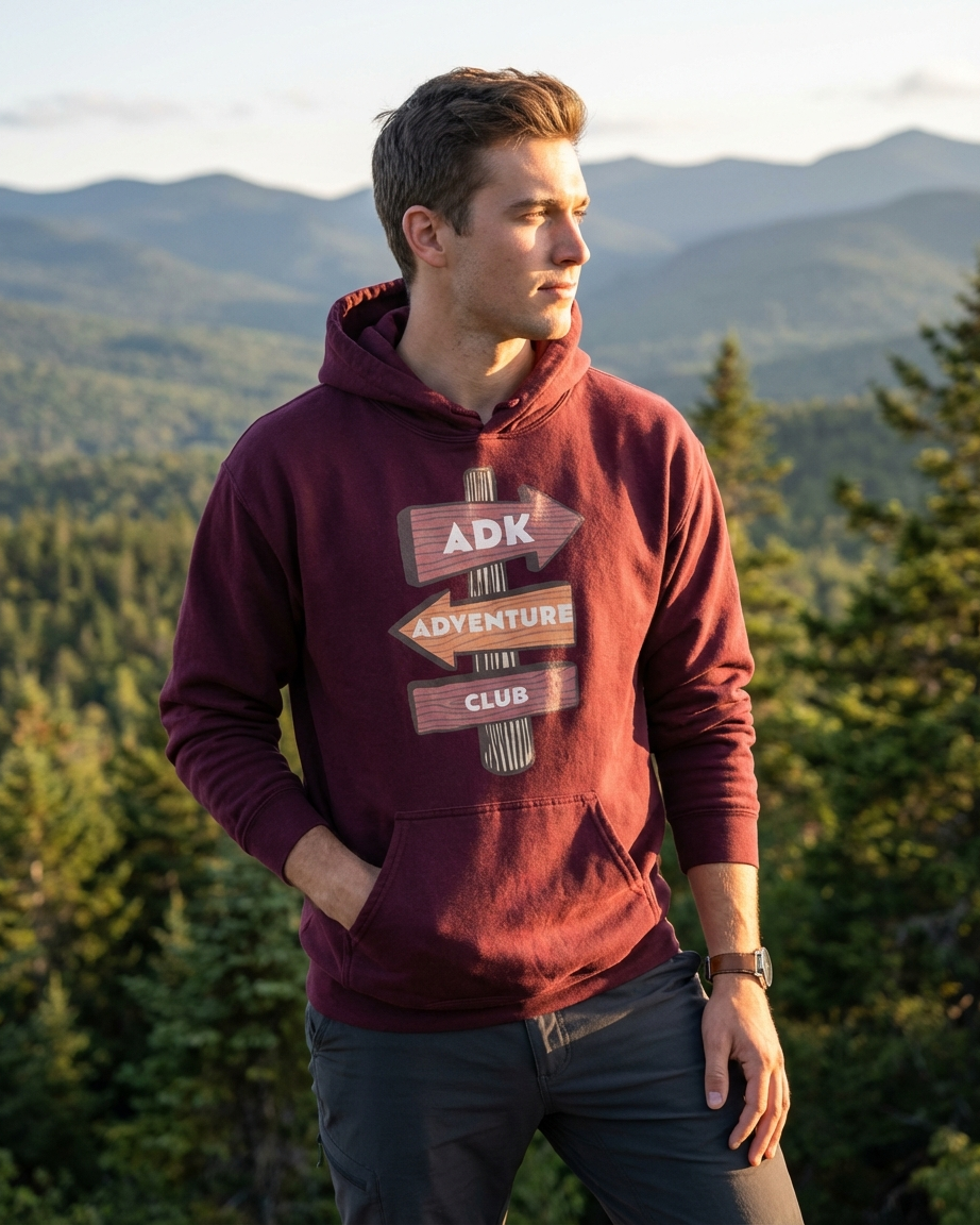 Man wearing a maroon hoodie with 'ADK Adventure Club' text, standing in a forested area with mountains in the background.