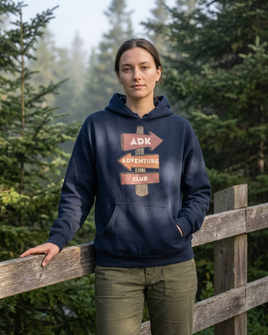 Person wearing a navy hoodie with a logo, standing outdoors with trees in the background