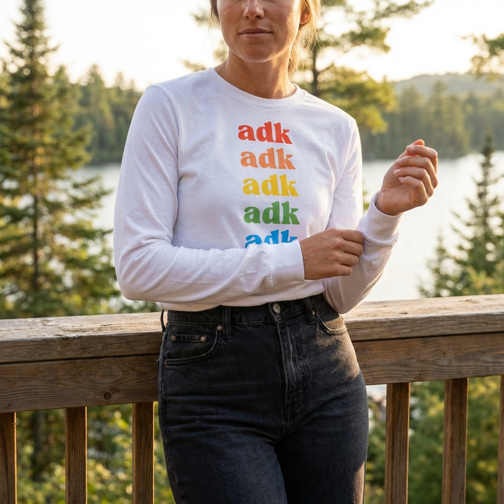 Person wearing a white long-sleeve shirt with 'adk' print, standing outdoors by a lake.