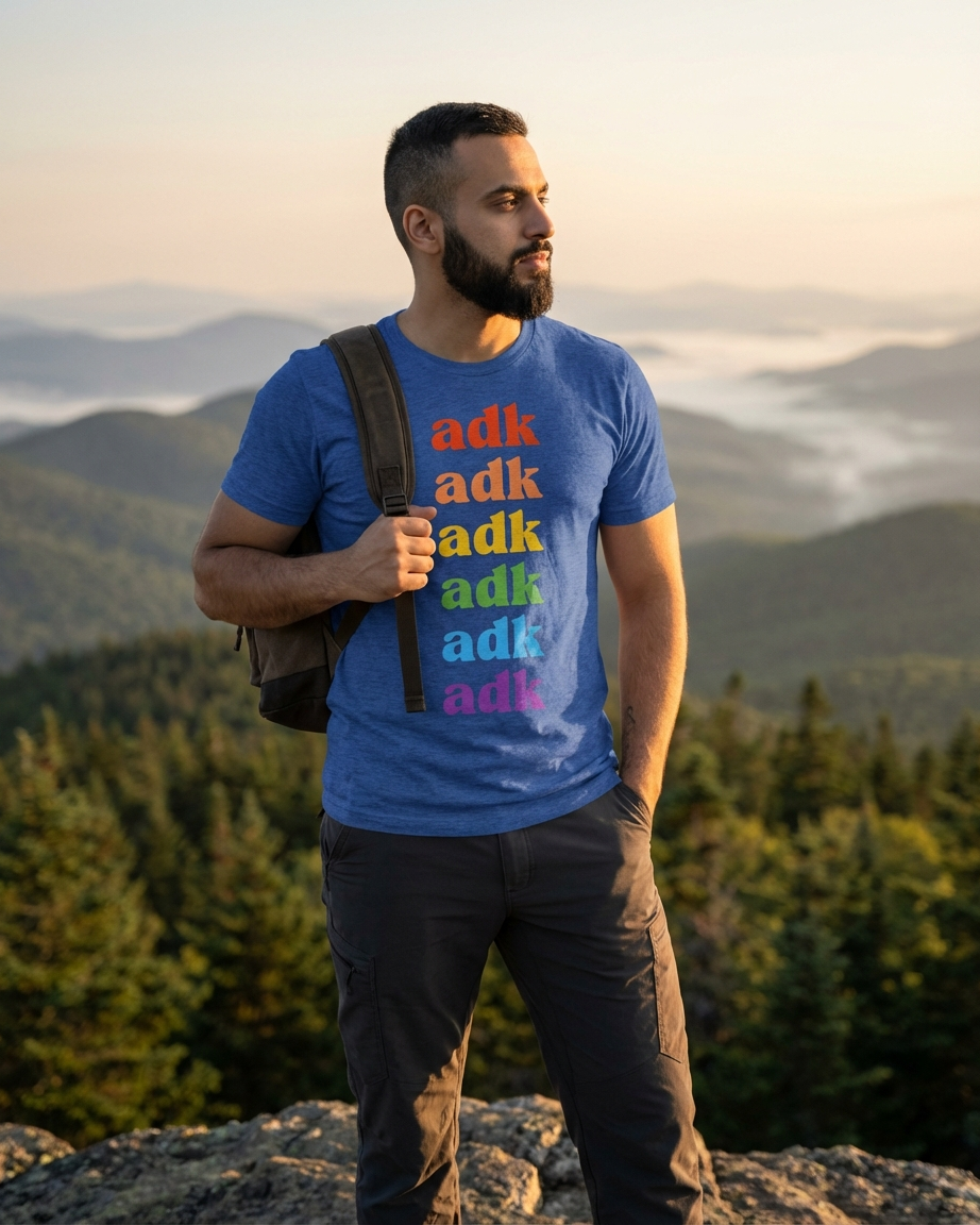 Man wearing a blue t-shirt with 'adk' text in multiple colors, standing on a mountain with a scenic view.