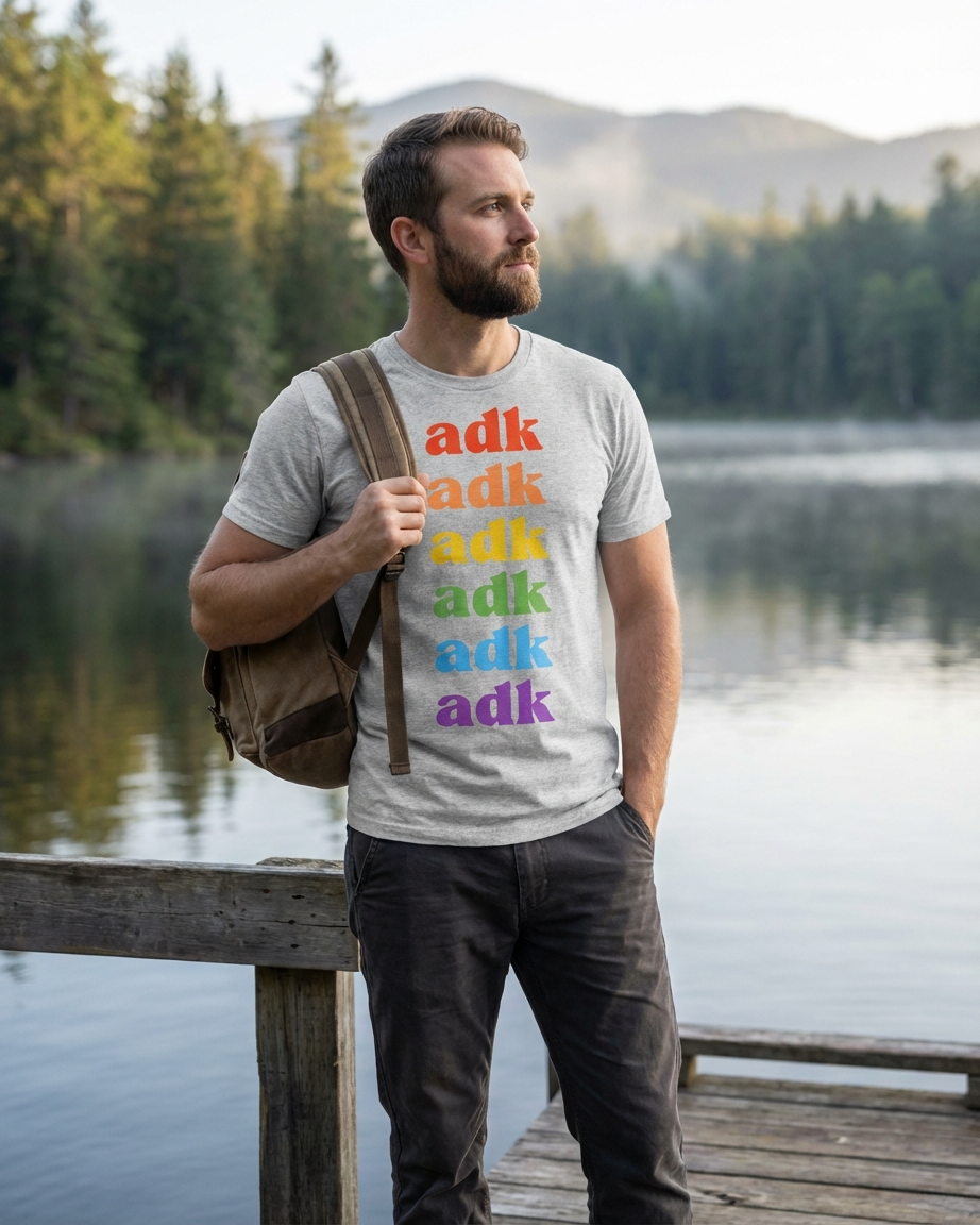 Man wearing a t-shirt with 'adk' printed in colorful letters by a lake.