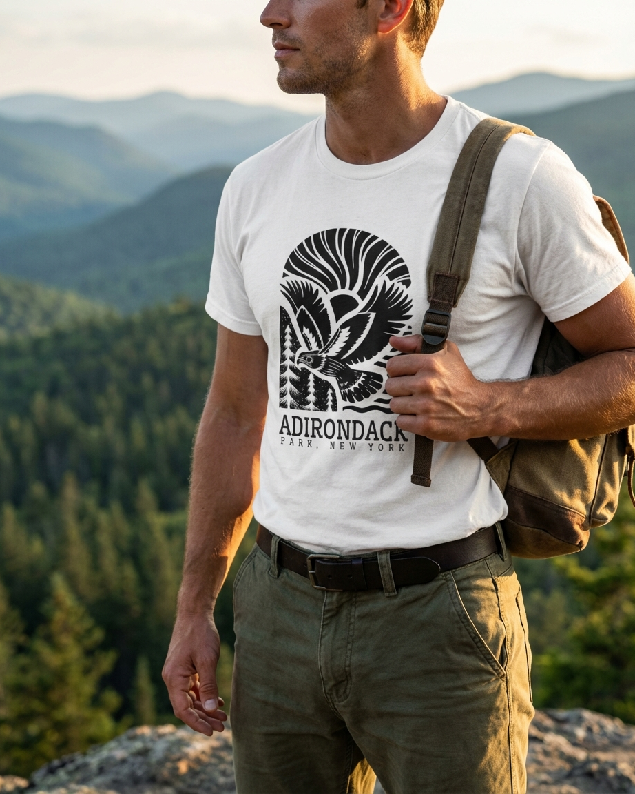 Man wearing a white t-shirt with Adirondack design and holding a backpack, standing in a mountainous landscape.