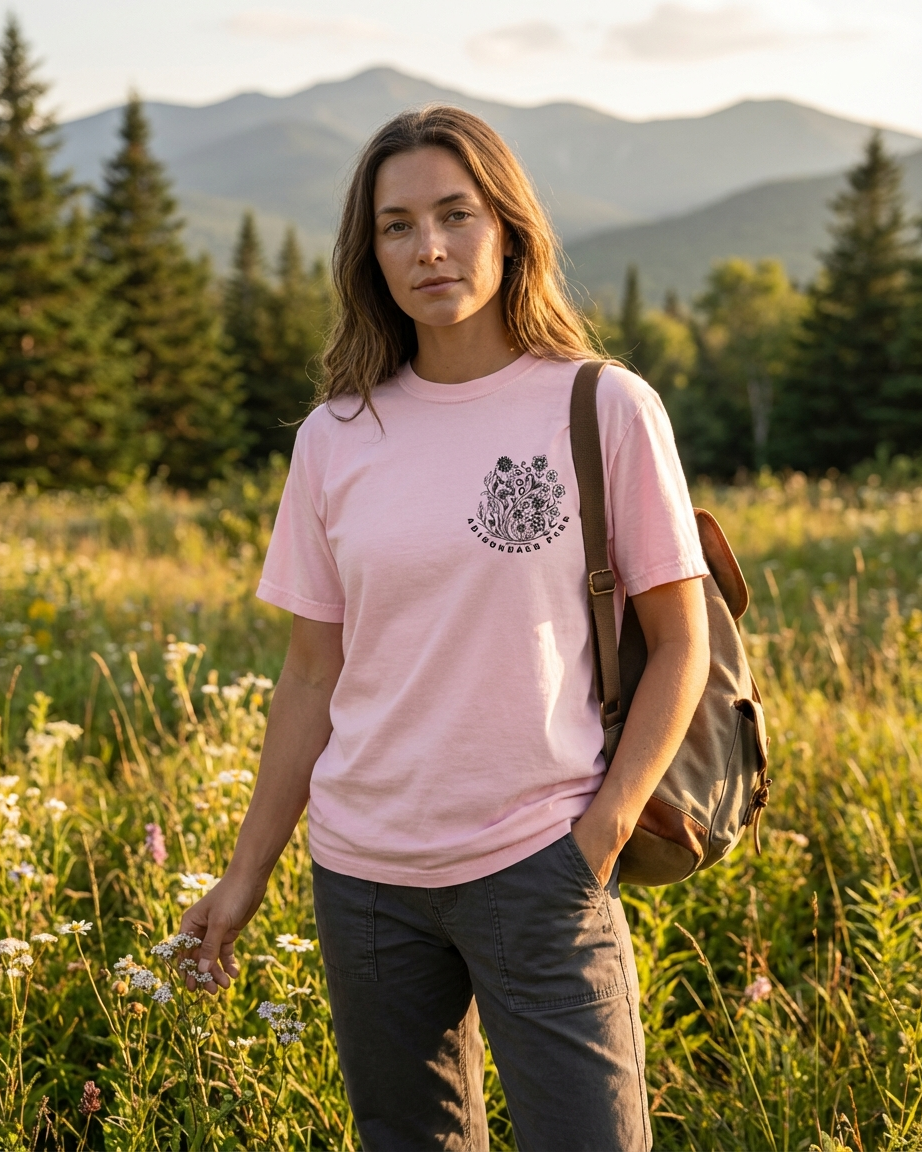 Woman in a pink t-shirt with a logo standing in a field with mountains in the background