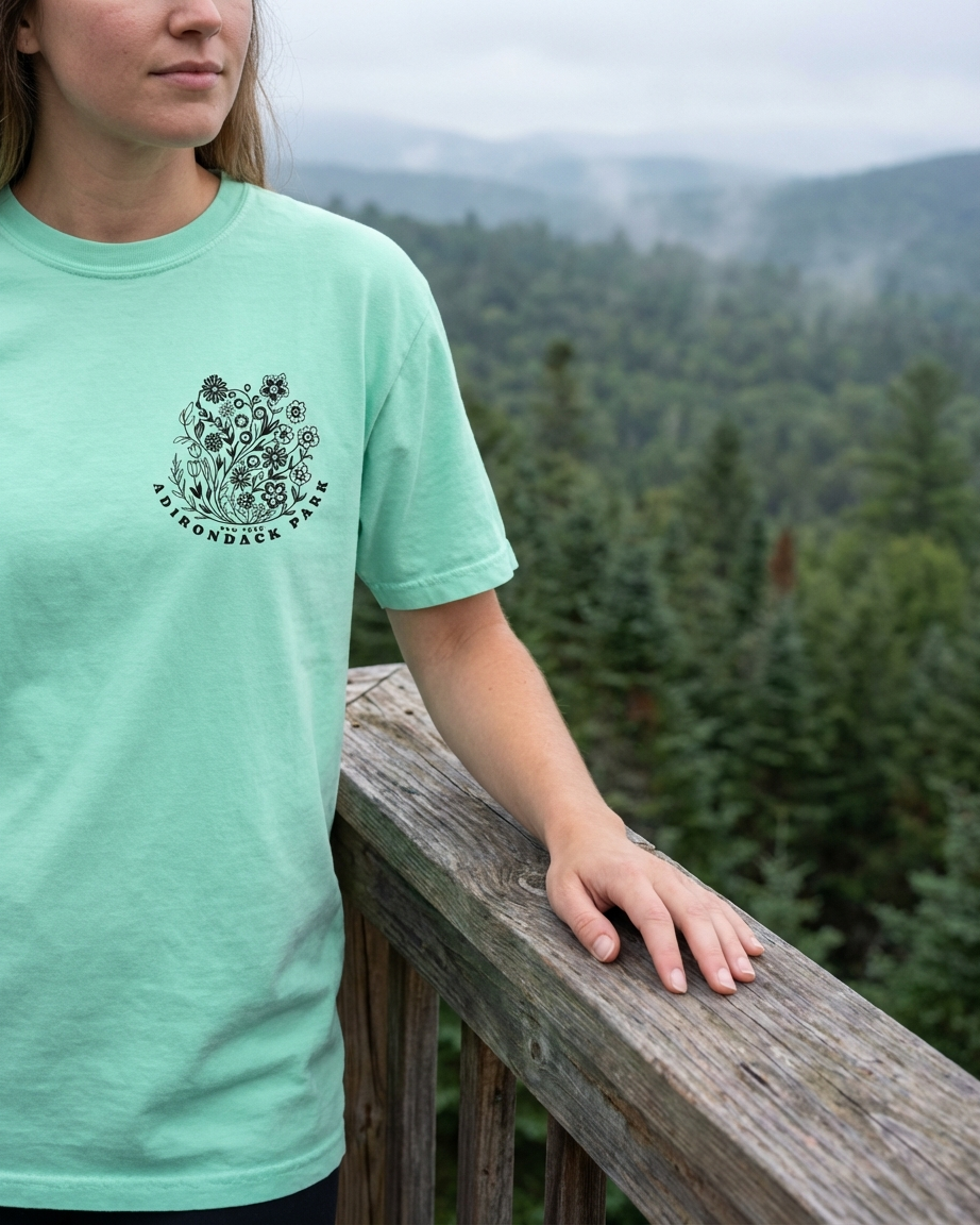 Person wearing a light green t-shirt with a logo, standing on a wooden deck with a forest view.