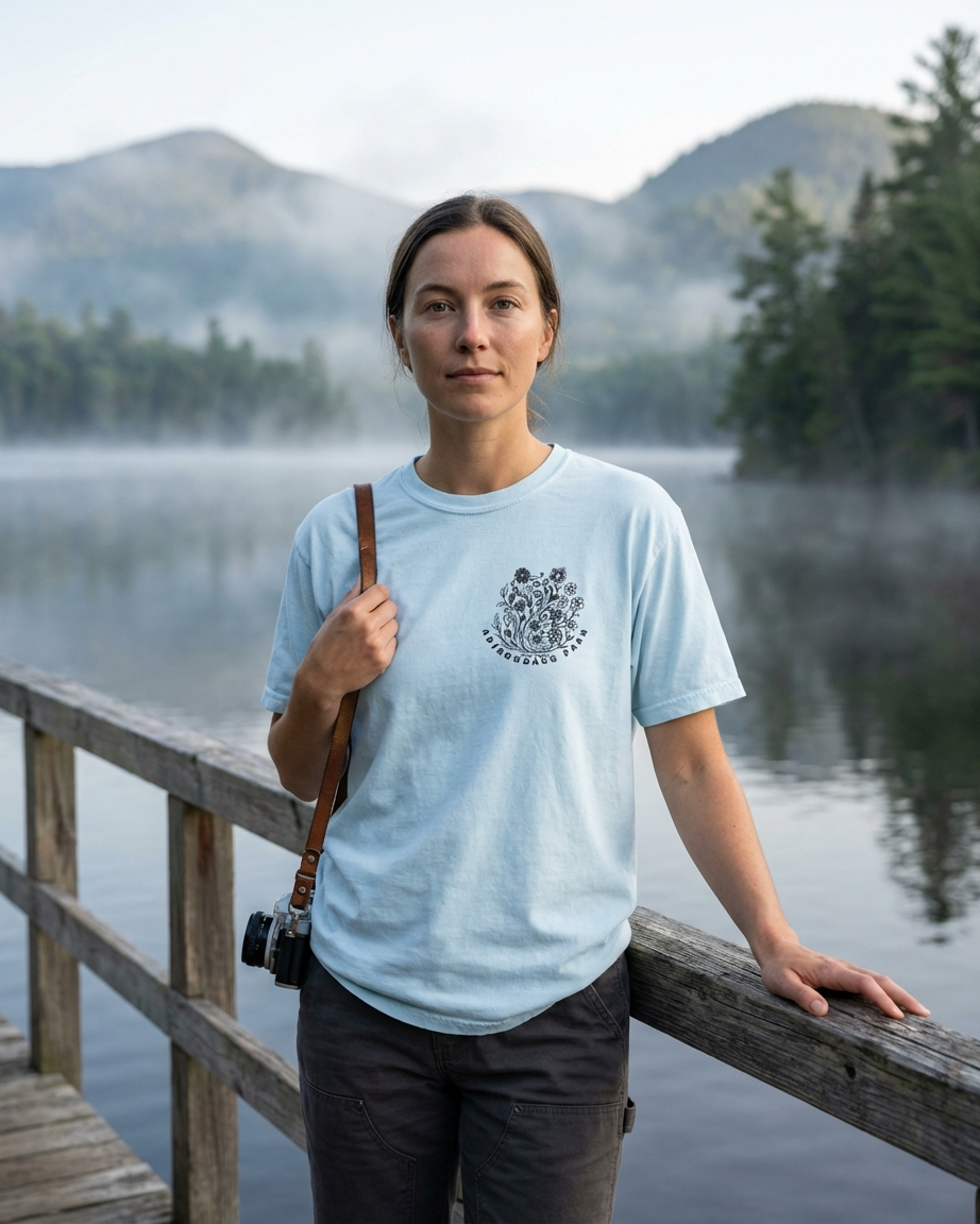 Woman standing on a wooden dock by a lake with mountains in the background