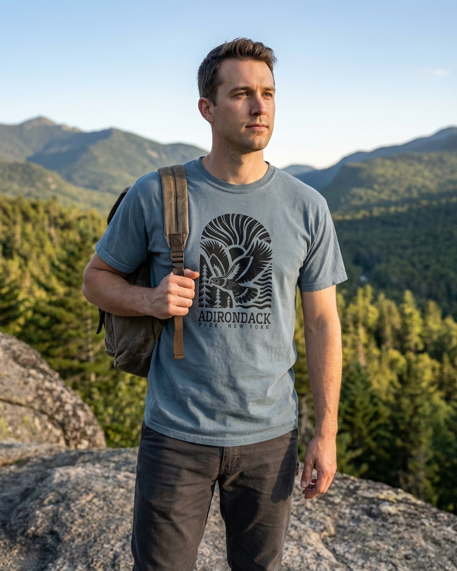 Man wearing a gray t-shirt with 'Adirondack' logo and holding a backpack, standing on a mountain with trees and mountains in the background.