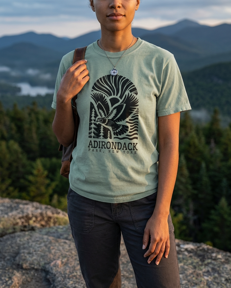 Person wearing a green Adirondack t-shirt with mountains in the background