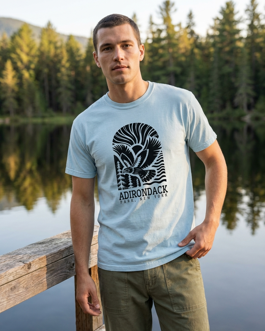 Man wearing a light blue t-shirt with Adirondack graphic standing by a lake.