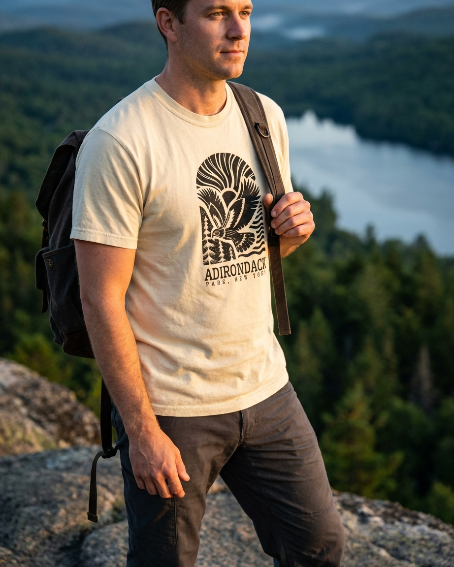 Man wearing an Adirondack shirt with a scenic background