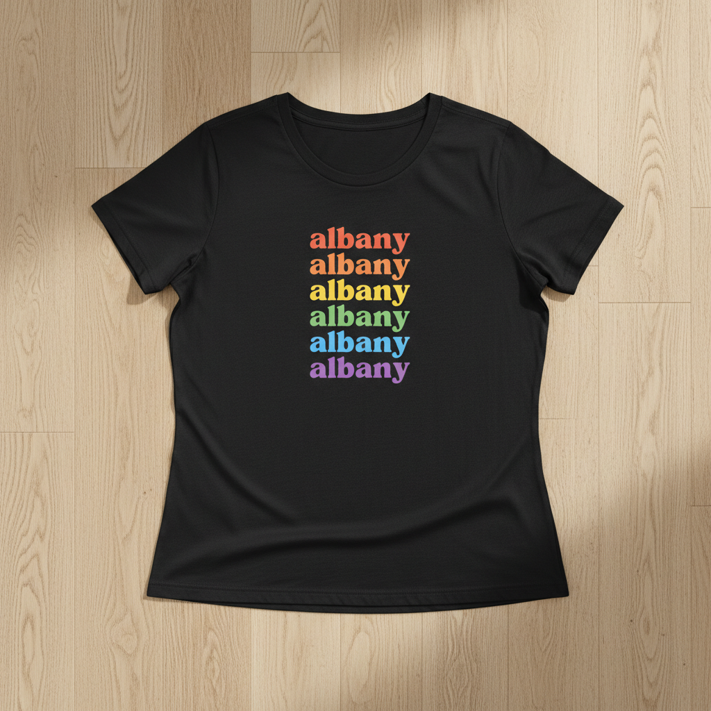 Black t-shirt with 'albany' printed in colorful letters on a wooden surface