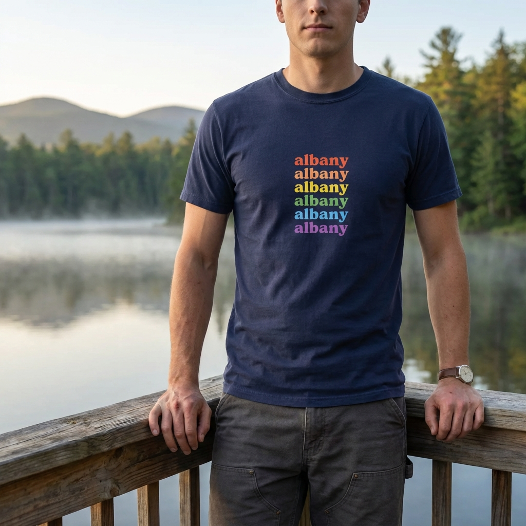 Person wearing a blue t-shirt with 'albany' printed in colorful letters, standing by a lake with trees in the background.