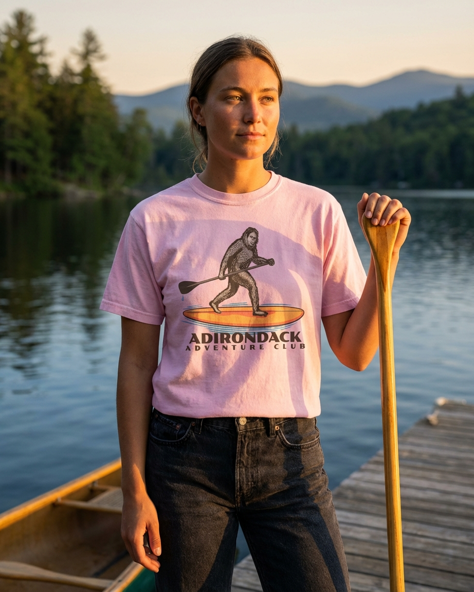 Person wearing a pink t-shirt with Adirondack Adventure Club logo by a lake.