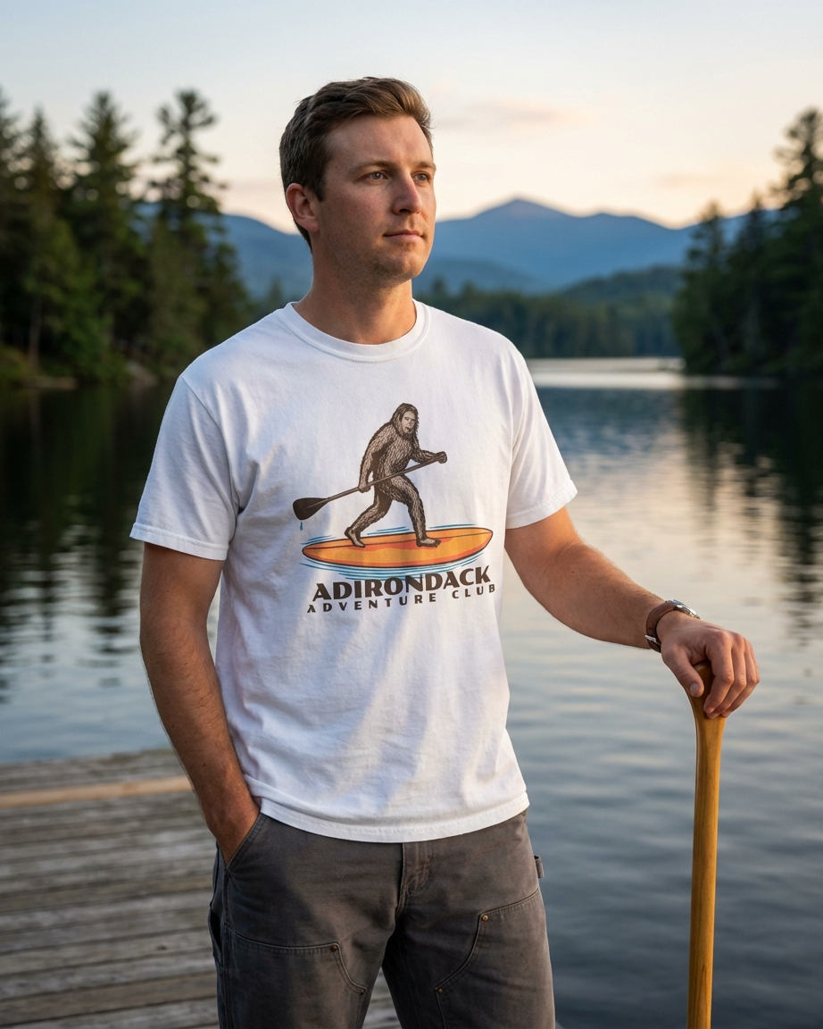 Man wearing a white t-shirt with Adirondack Adventure Club logo by a lake.