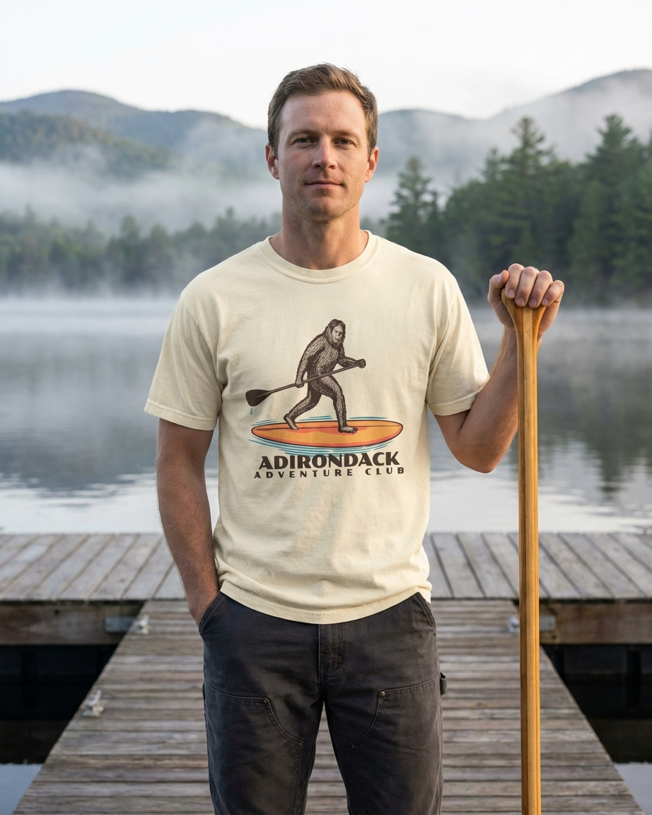Man standing on a dock holding a paddle, wearing a t-shirt with Adirondack Adventure Club graphic.