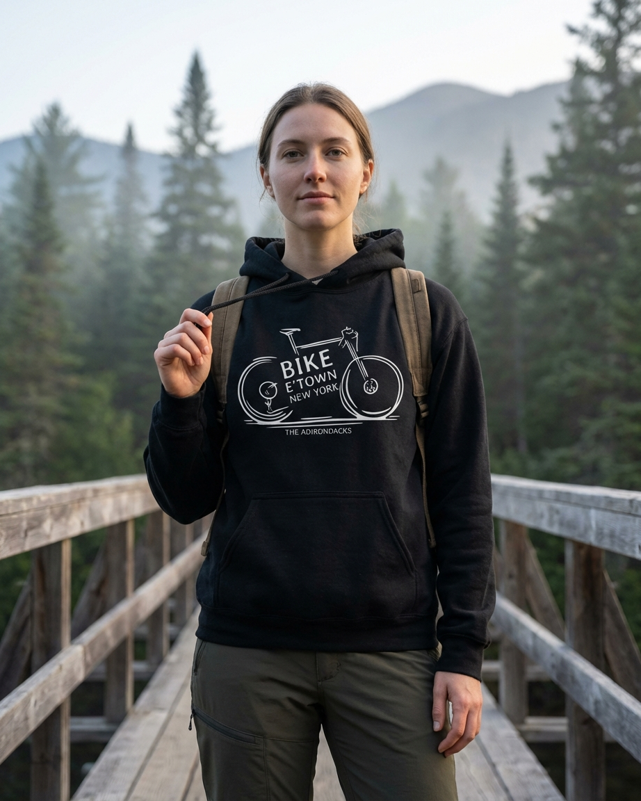 Person wearing a black hoodie with a bike design and text, standing on a wooden bridge with a forest and mountain background.