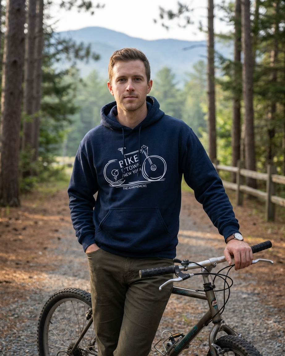Man wearing a navy hoodie with 'Pike' logo, standing with a bicycle in a forest setting.