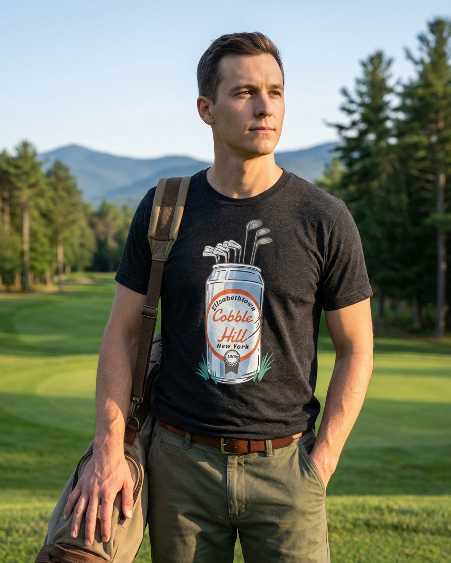 Man wearing a black t-shirt with a graphic design, standing on a golf course with trees and mountains in the background.