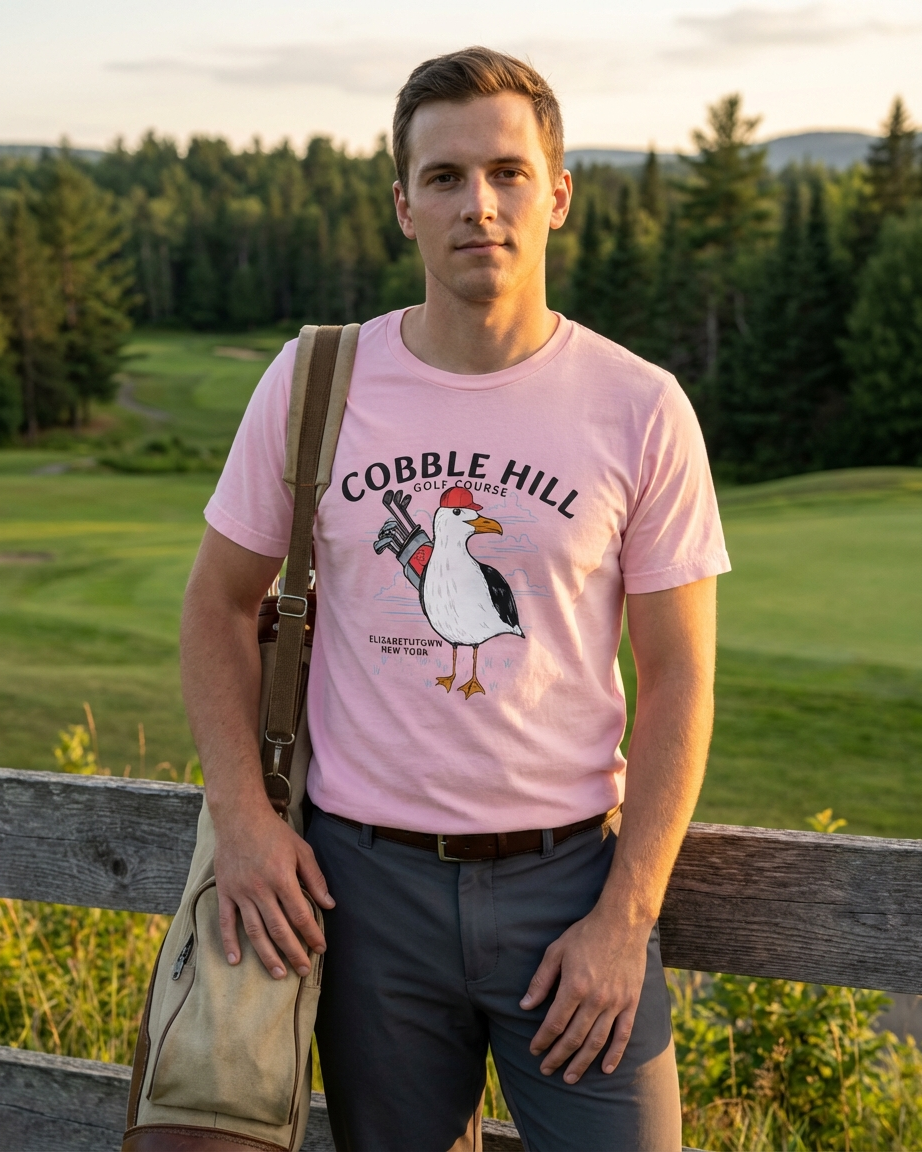 Man wearing a pink t-shirt with a graphic design, standing outdoors with a scenic background.