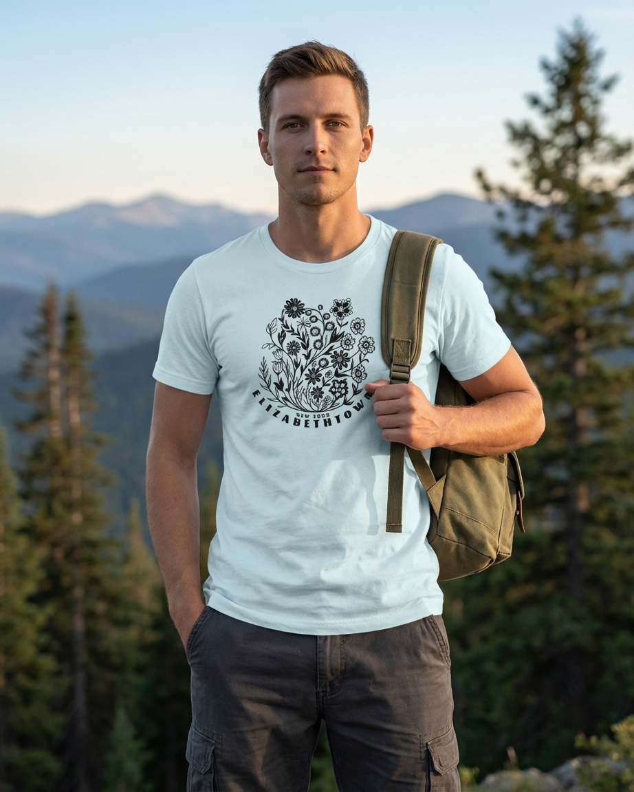 Man wearing a white t-shirt with a black design outdoors against a mountain backdrop
