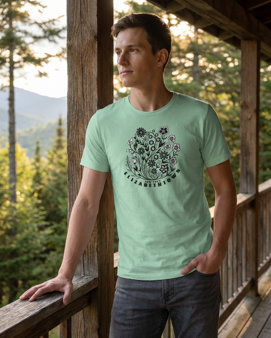 Man wearing a light green t-shirt with a floral design and text, standing on a wooden deck with trees in the background.