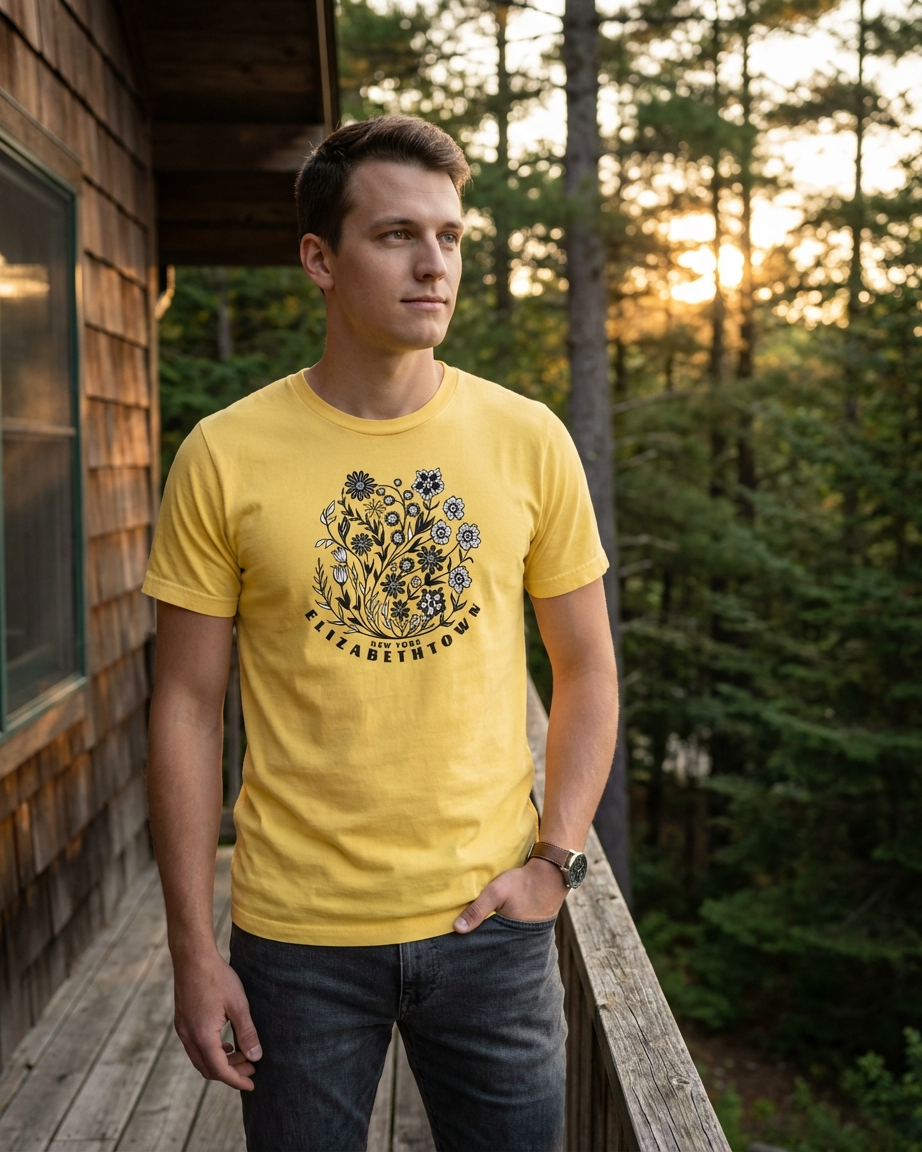 Man wearing a yellow t-shirt with a floral design and text, standing on a wooden deck with trees in the background.