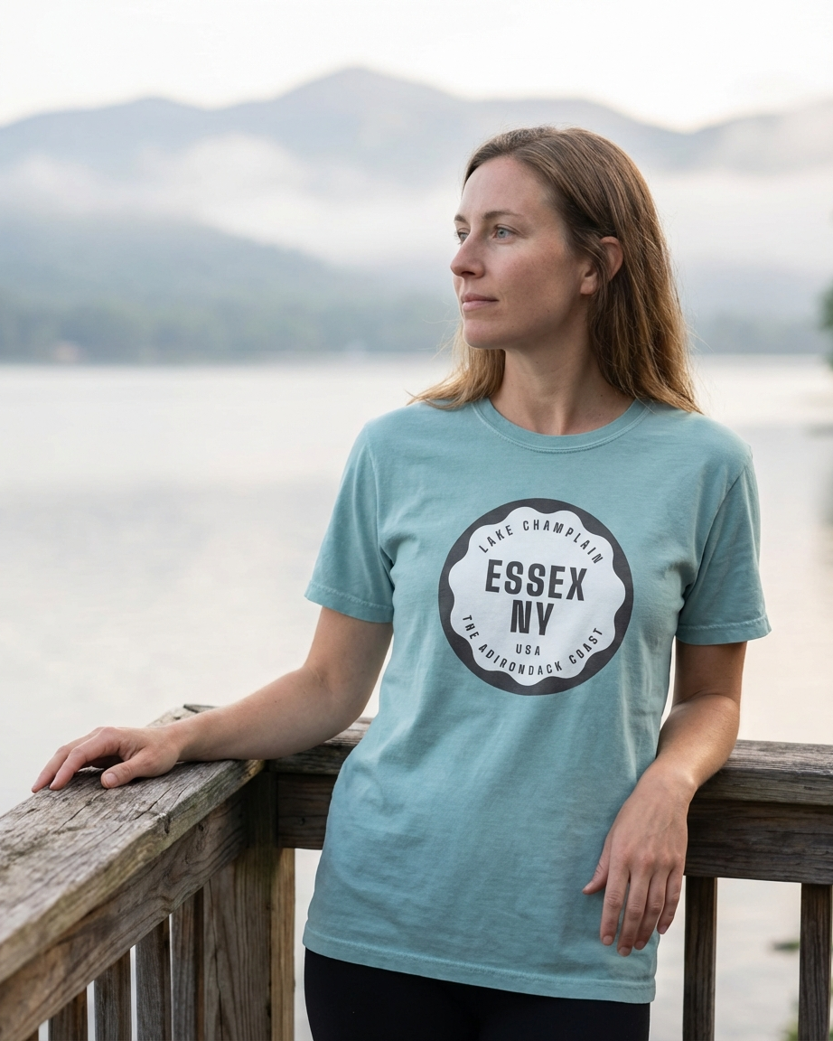 Woman wearing a blue t-shirt with 'Essex NY' design, standing by a lake.