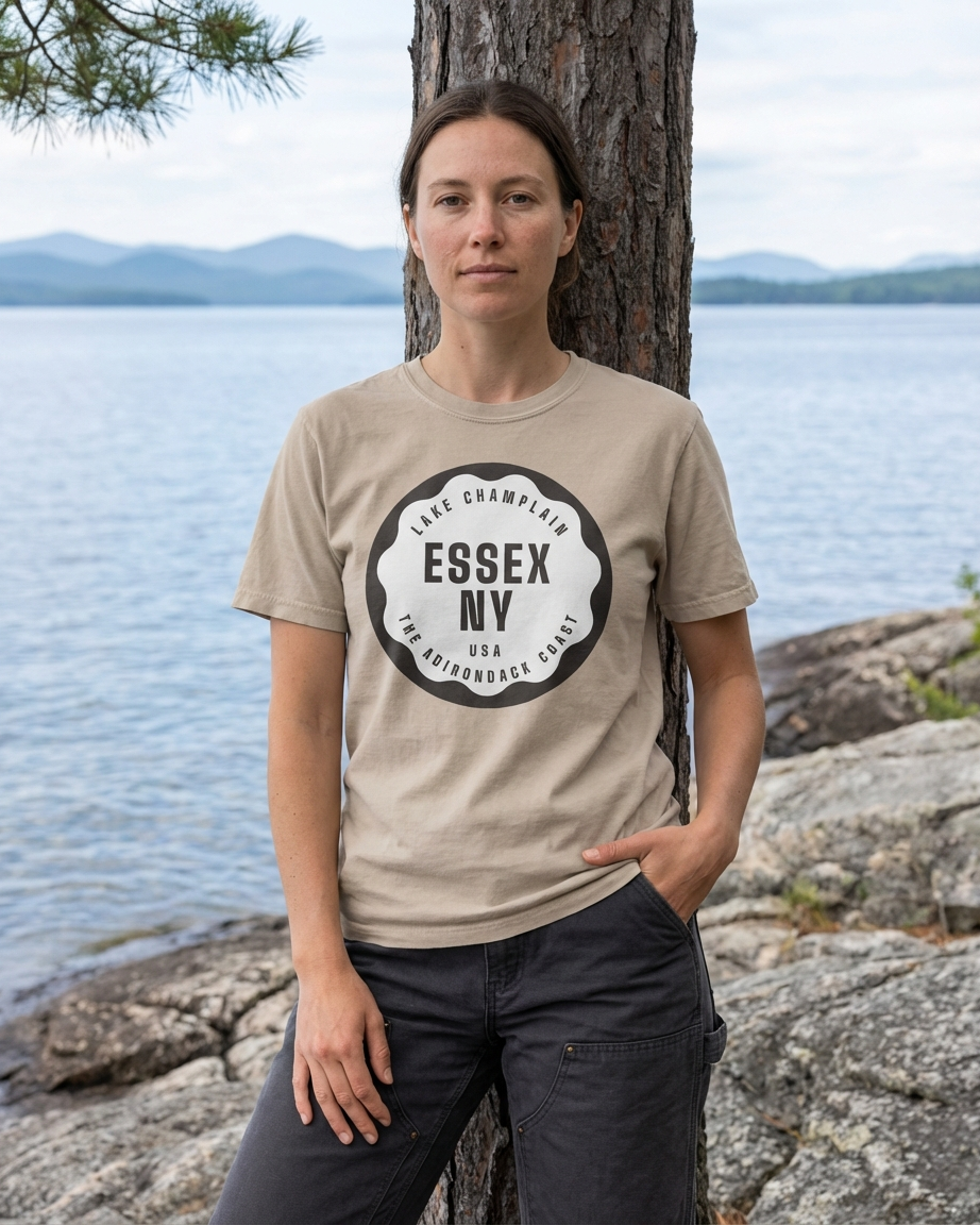 Person wearing a t-shirt with 'Essex NY' printed on it, standing by a lake.