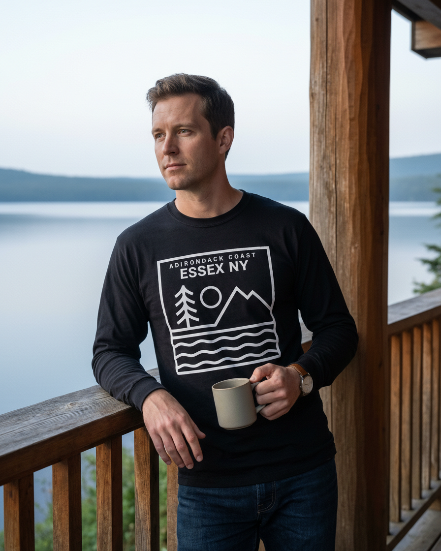 Man wearing a black sweatshirt with a graphic design, holding a mug on a wooden deck with a scenic background.