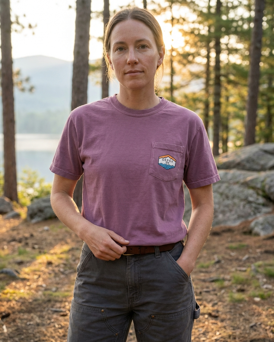 Person wearing a purple t-shirt with a logo in a forest setting