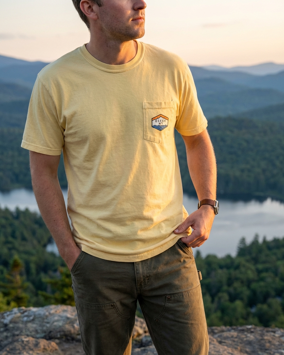 Person wearing a yellow t-shirt with a logo standing on a mountain with a scenic view.