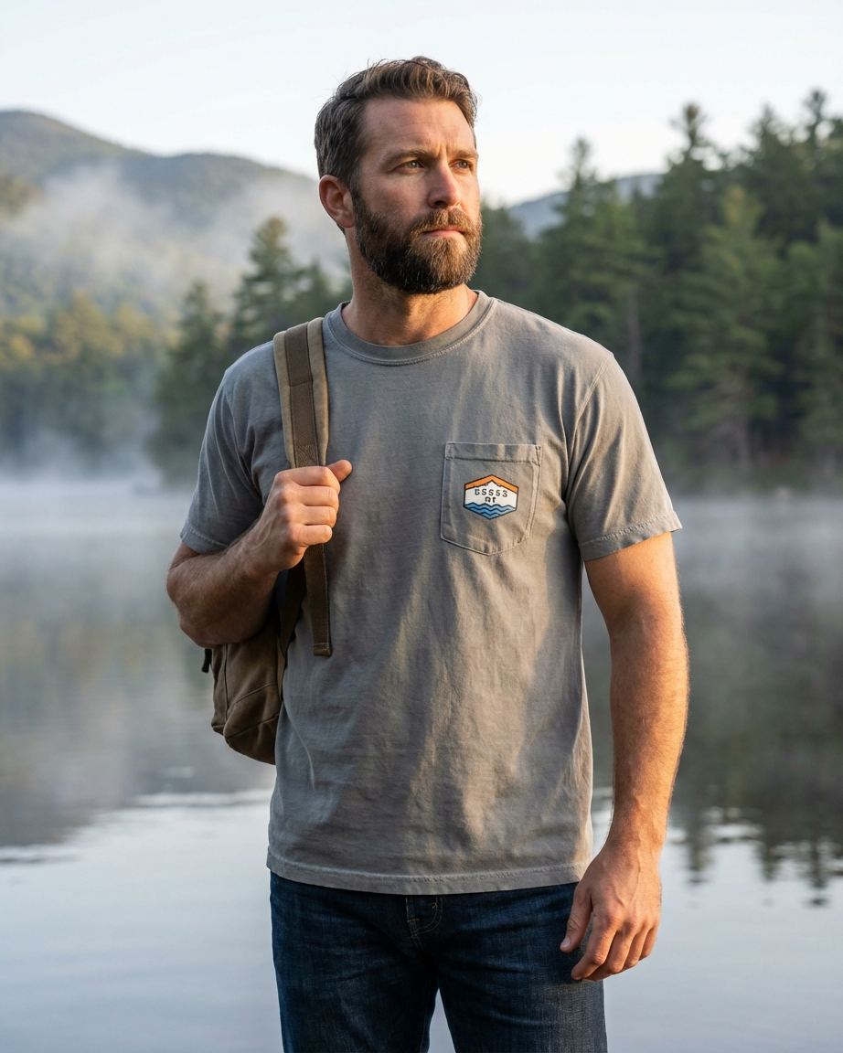 Man standing by a lake with mountains in the background, wearing a gray t-shirt with a logo.