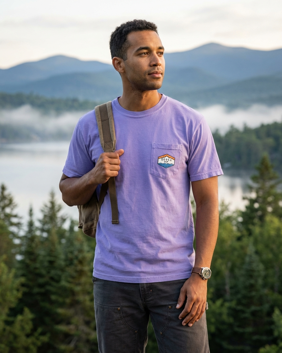 Man wearing a purple t-shirt with a logo, standing outdoors with mountains and trees in the background