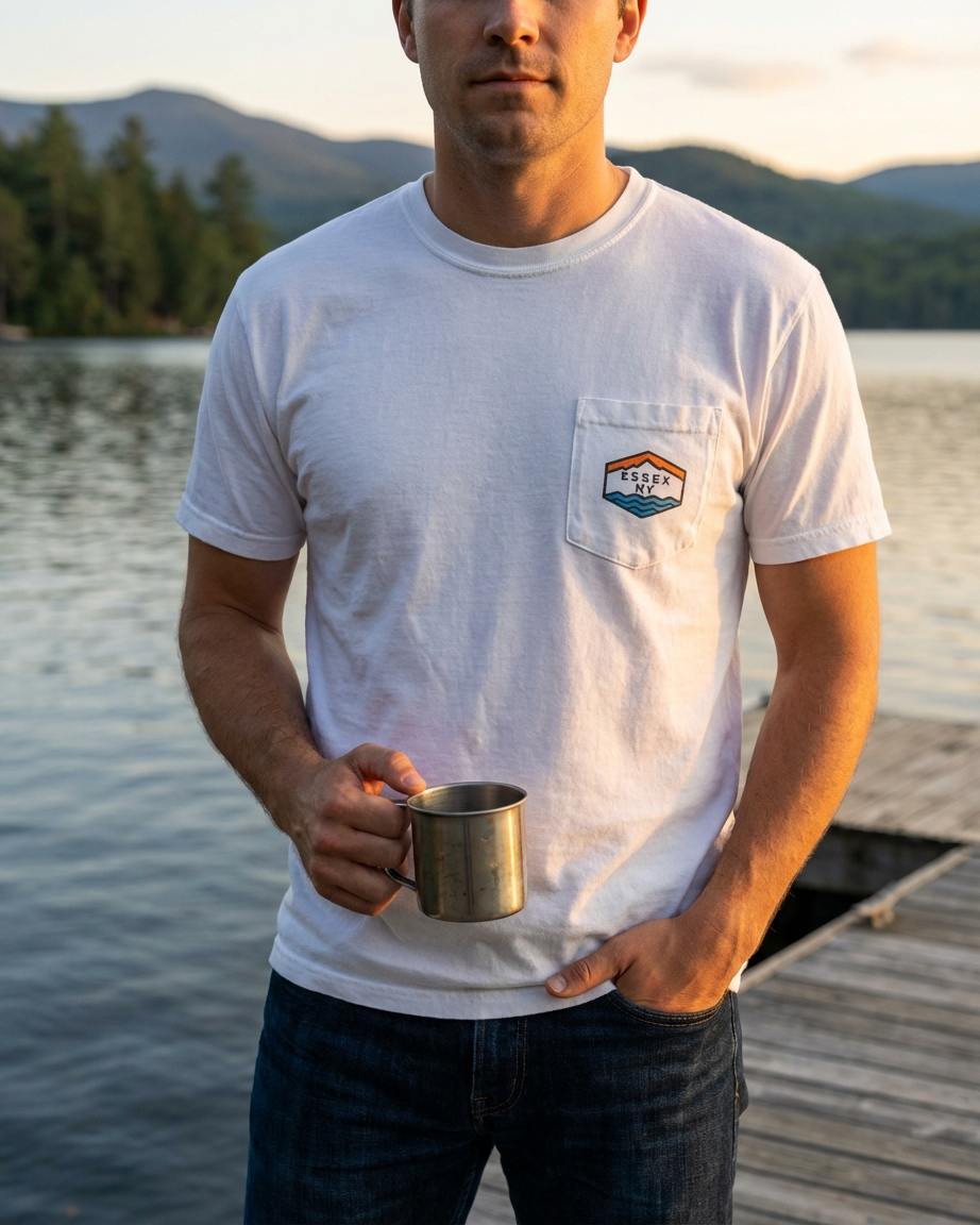 Man holding a metal cup by a lake with mountains in the background