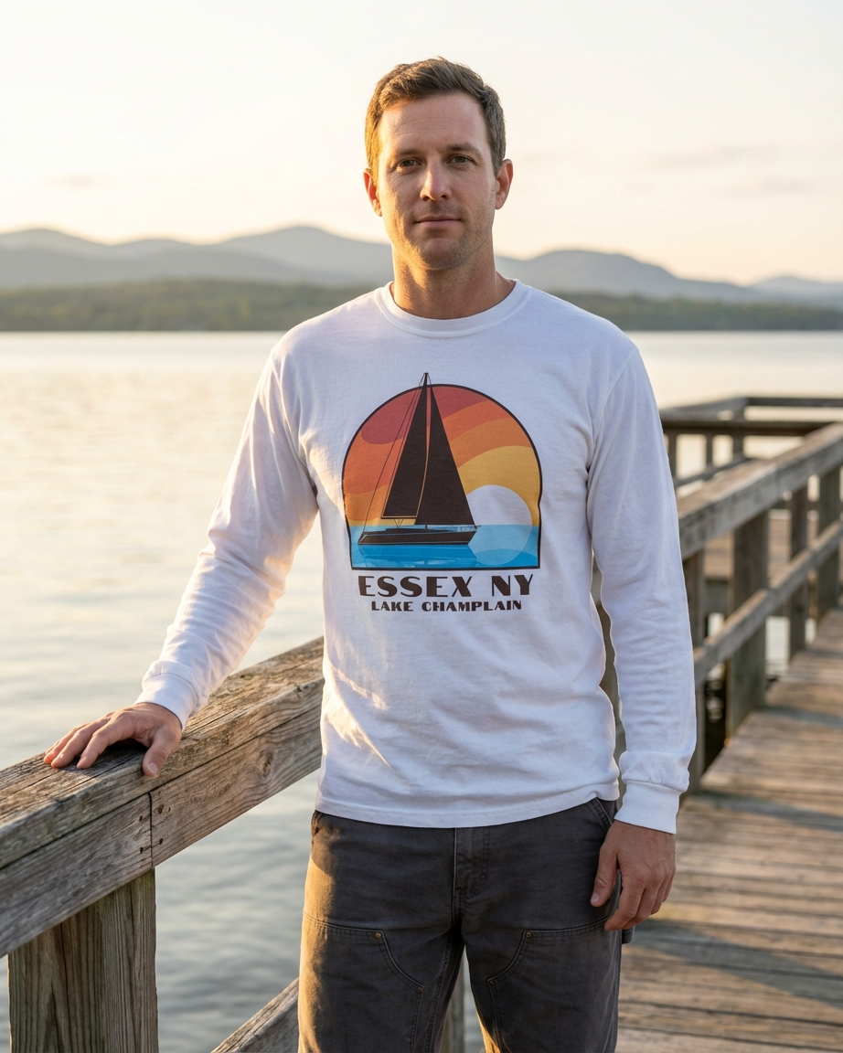 Man wearing a white sweatshirt with a sailboat design and text, standing on a wooden dock by a lake.