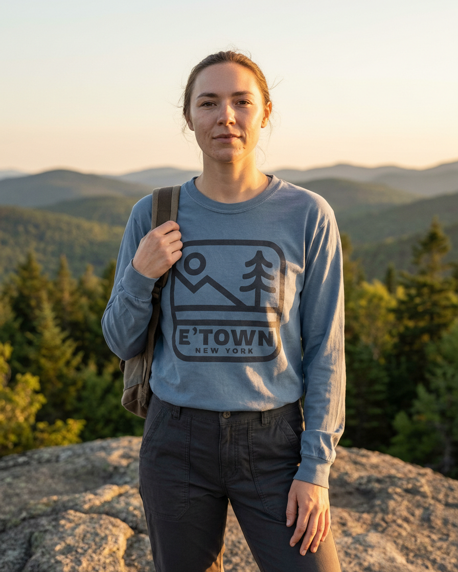Person wearing a 'E'TOWN New York' shirt standing on a mountain with trees and sky in the background