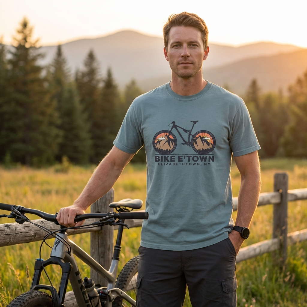 Man wearing a 'Bike E'Town' t-shirt standing next to a bike in a scenic outdoor setting.
