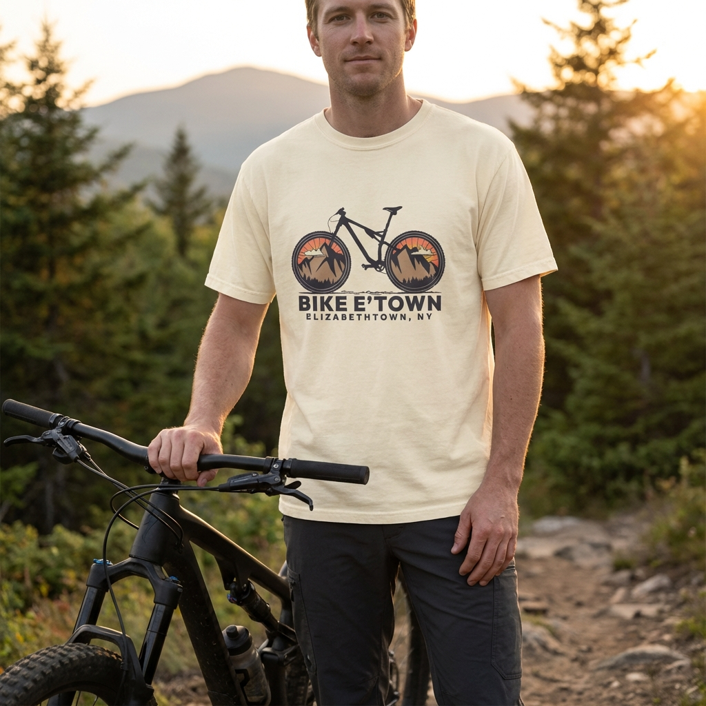 Man wearing a 'Bike E'Town' t-shirt with a mountain bike graphic, standing outdoors with a mountain bike and nature in the background.