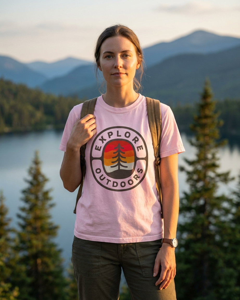 Person wearing a 'Explore Outdoors' t-shirt with a scenic background of mountains and a lake.