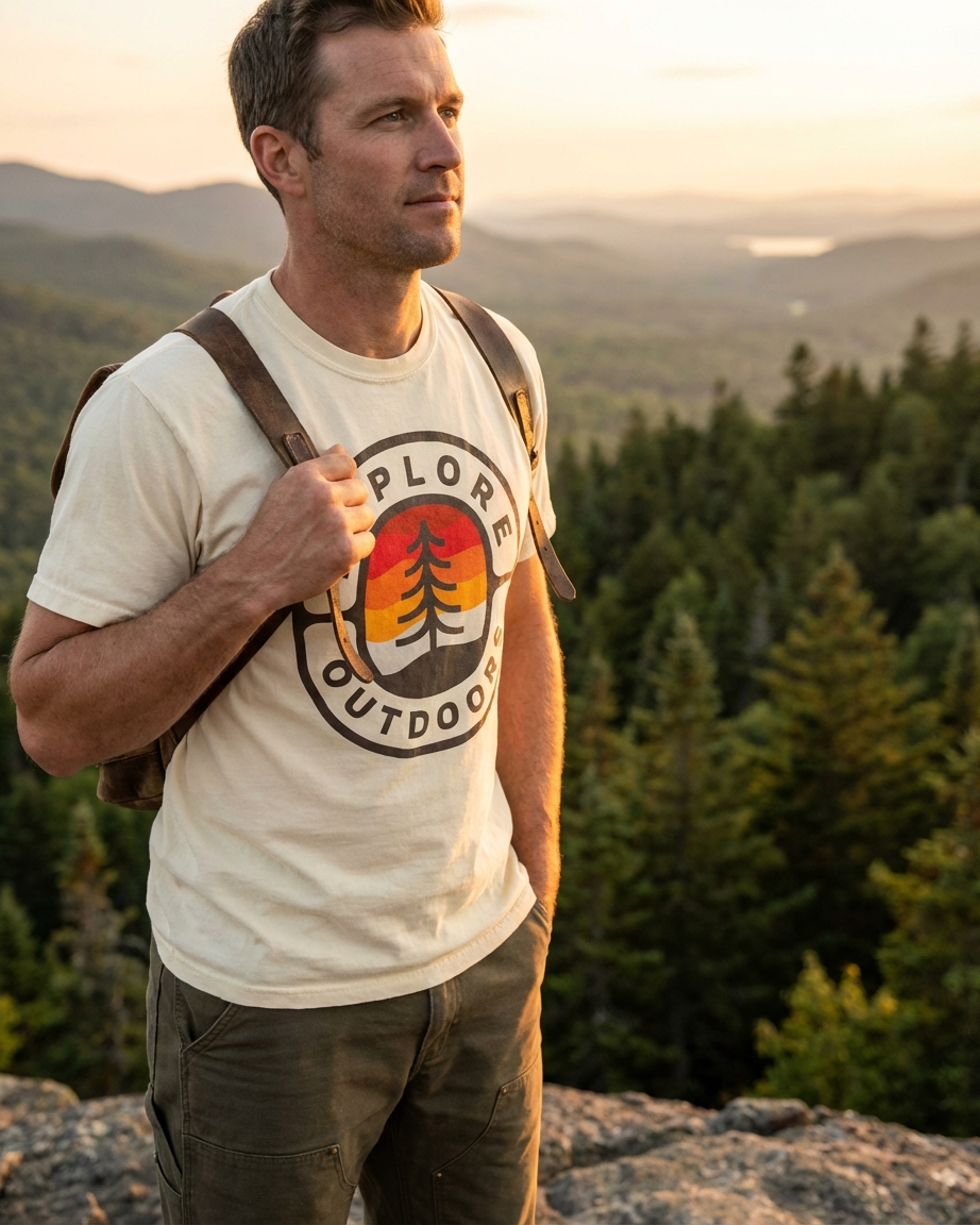 Man wearing an 'Explore Outdoors' t-shirt with a backpack, standing on a mountain with a scenic view.