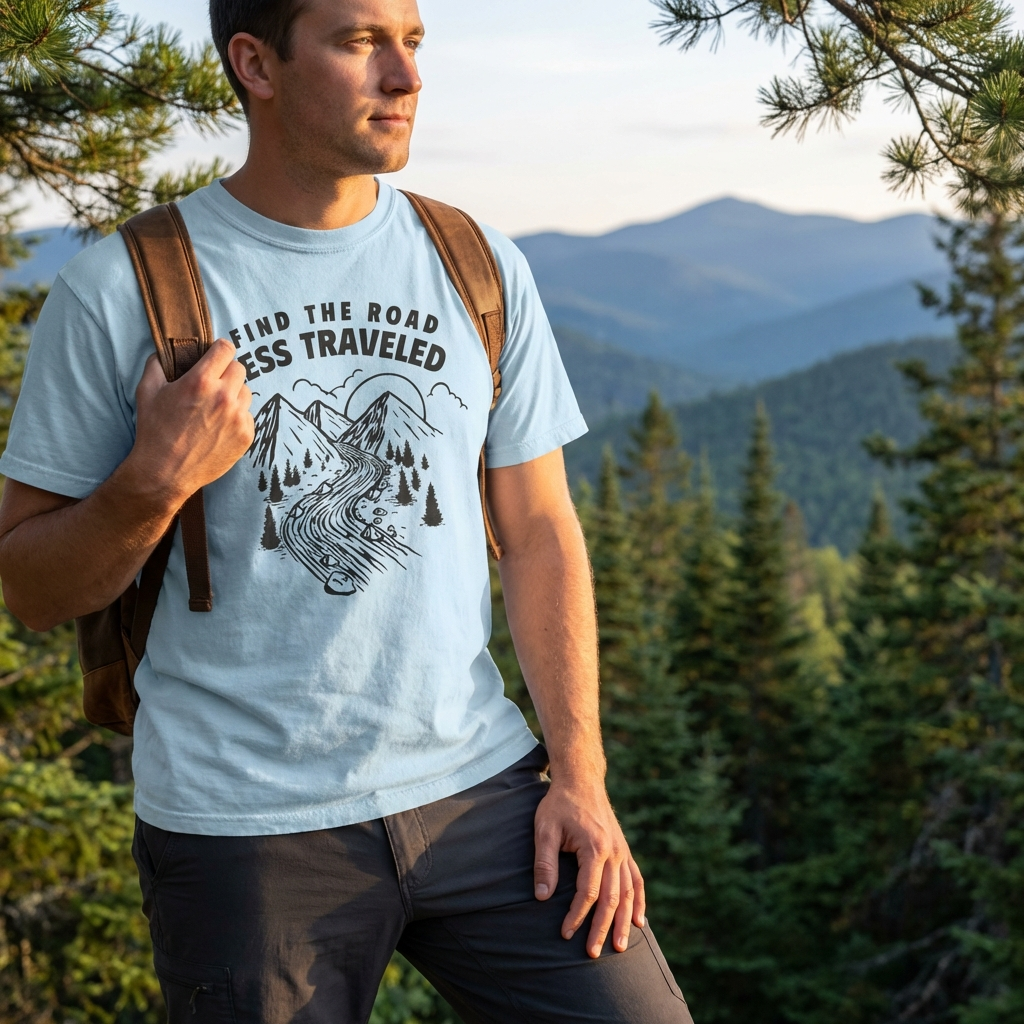 Man wearing a t-shirt with a mountain design and text, standing in a forest with mountains in the background.