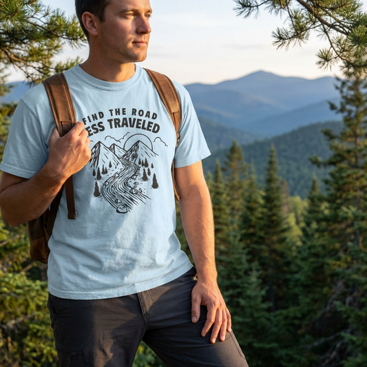 Man wearing a t-shirt with a mountain design and text, standing in a forest with mountains in the background.