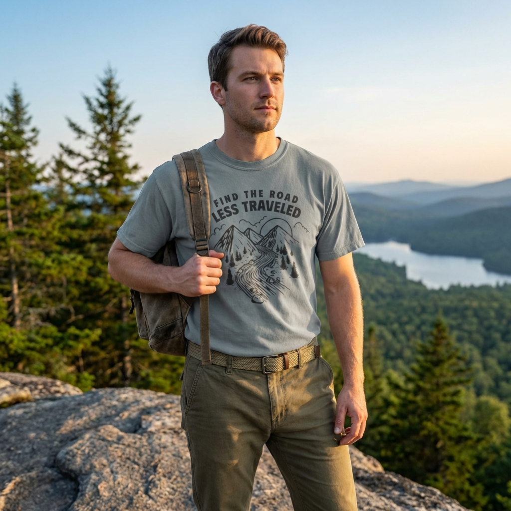 Man standing on a rocky outcrop with a scenic background of trees and a lake.