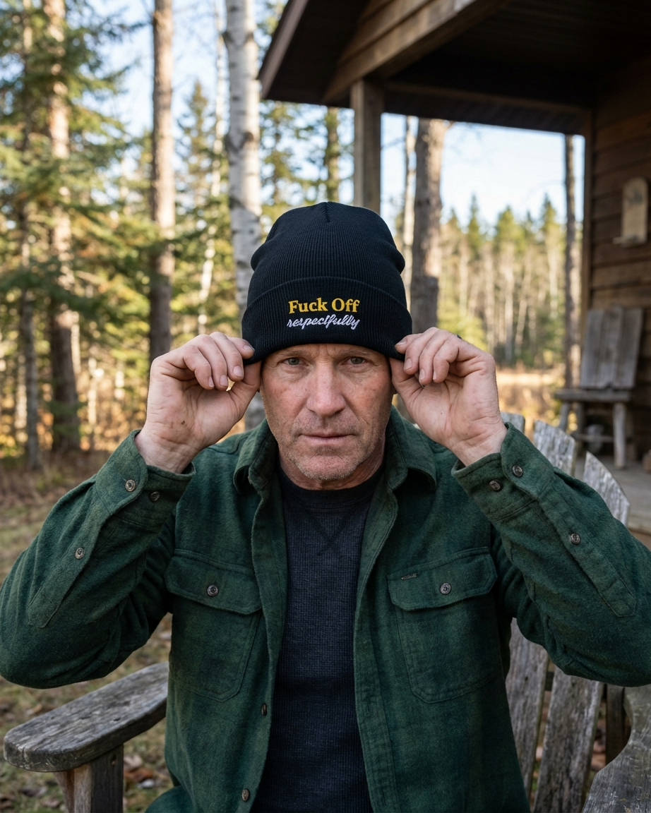 Man wearing a black beanie with text, standing outdoors near a wooden cabin.
