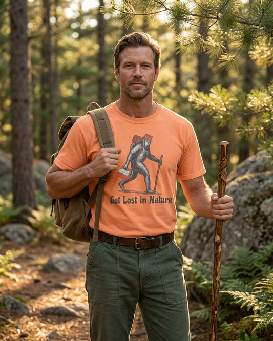 Man in an orange t-shirt with a nature-themed graphic and text, holding a backpack and walking stick in a forest.