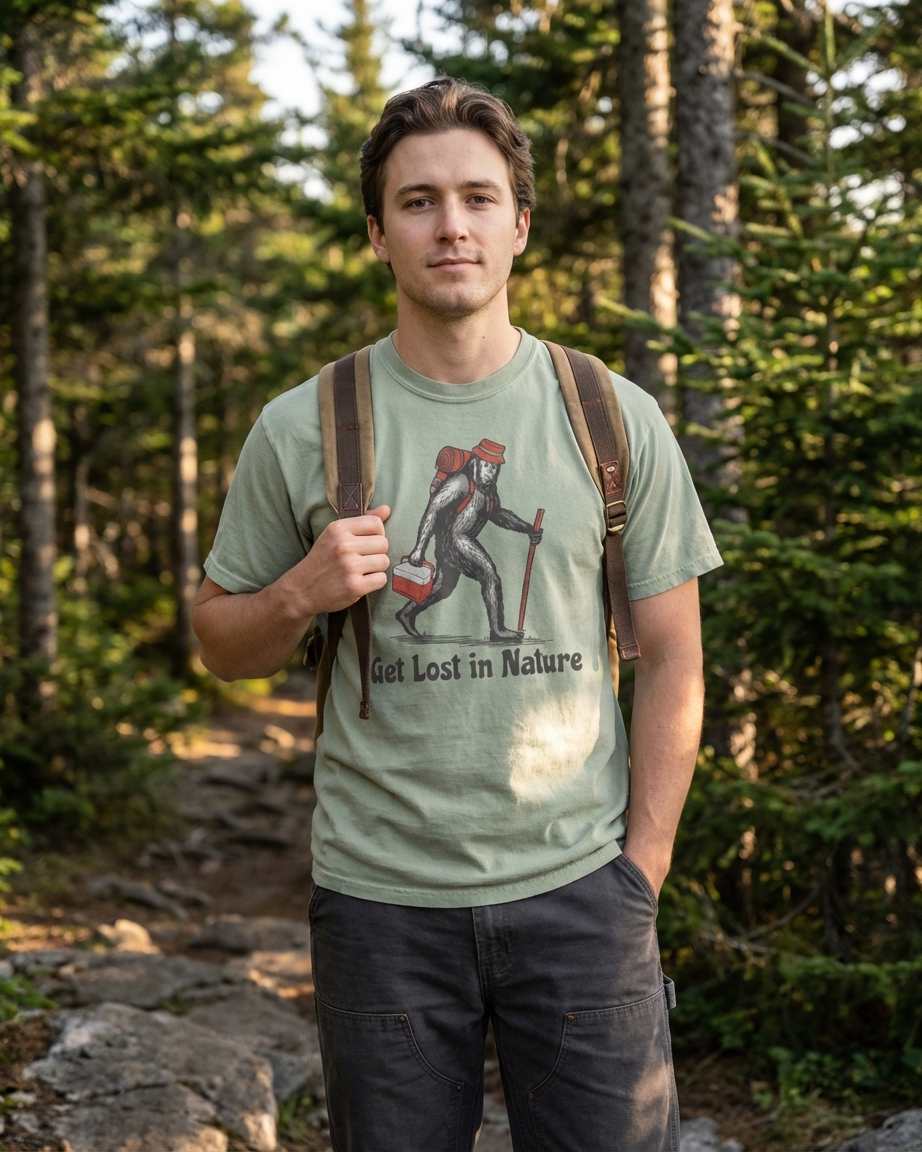Man wearing a t-shirt with a bigfoot nature graphic and text, standing in a forest.